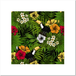 Toucans amd tropical flora, green, yellow, red and orange Posters and Art